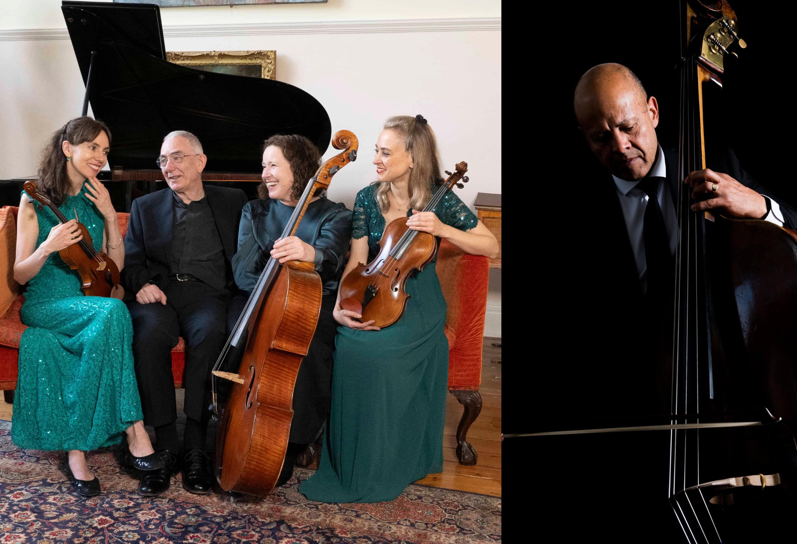 Composite image of The Rossetti Ensemble and double bassist Leon Bosch promoting their season-closing concert.