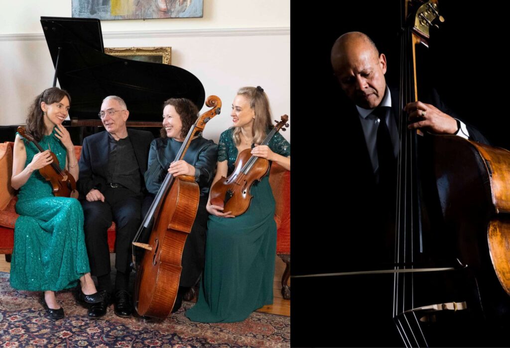 Composite image of The Rossetti Ensemble and double bassist Leon Bosch promoting their season-closing concert.